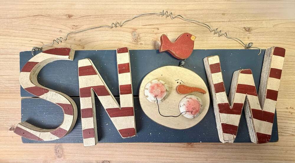 Handmade Wooden SNOW Sign with Snowman and Bird Holiday Wall Decor
